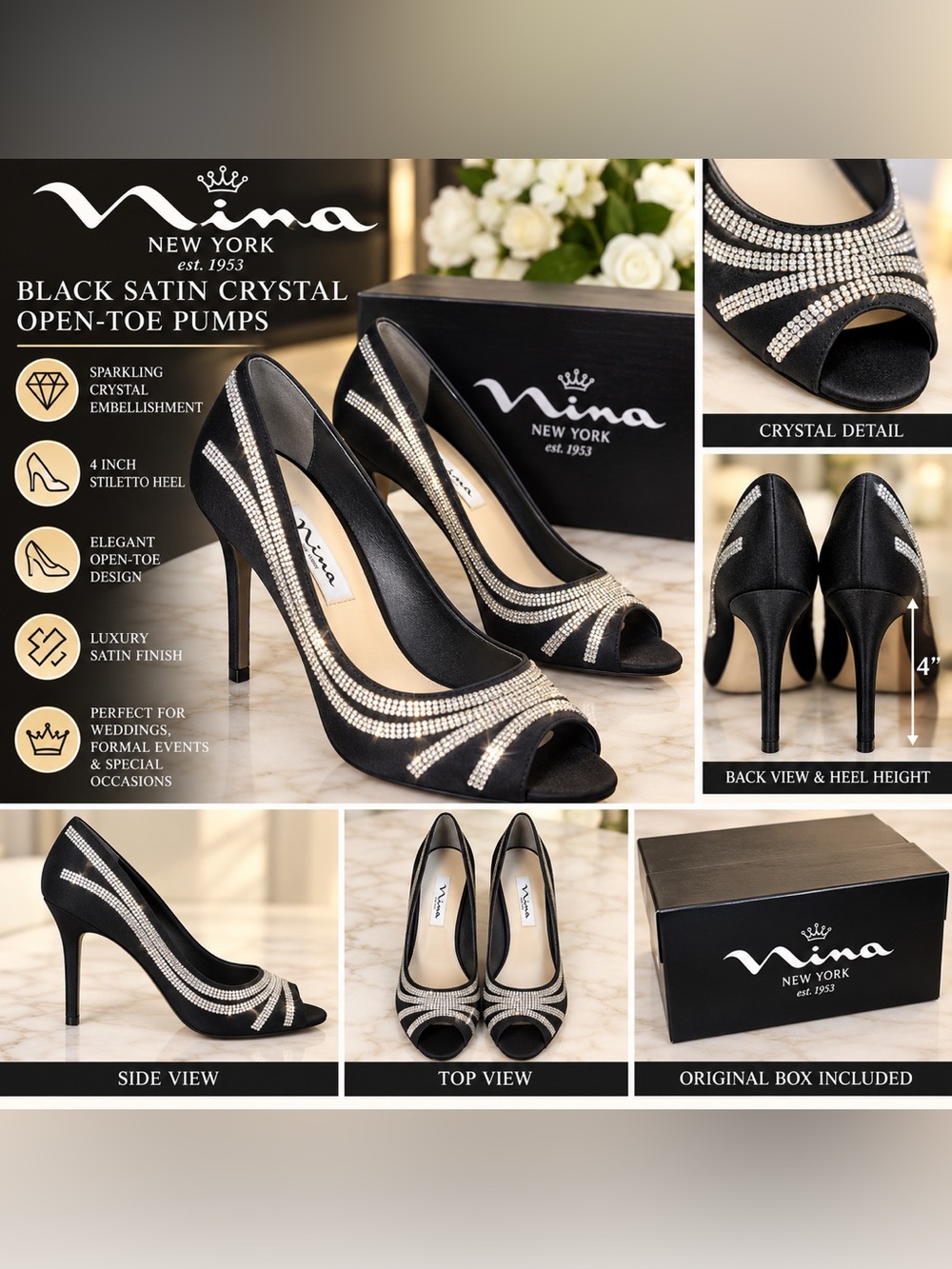 Nina Rylinn Black Peep-Toe Heels Pumps with Silver Crystal Stripes